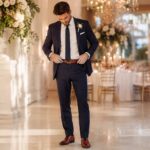 Homme en costume bleu marine ajustant sa ceinture marron pour un mariage, illustrant si faut-il assortir sa ceinture à ses chaussures pour un mariage.