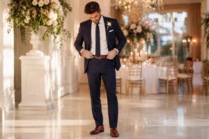 Homme en costume bleu marine ajustant sa ceinture marron pour un mariage, illustrant si faut-il assortir sa ceinture à ses chaussures pour un mariage.