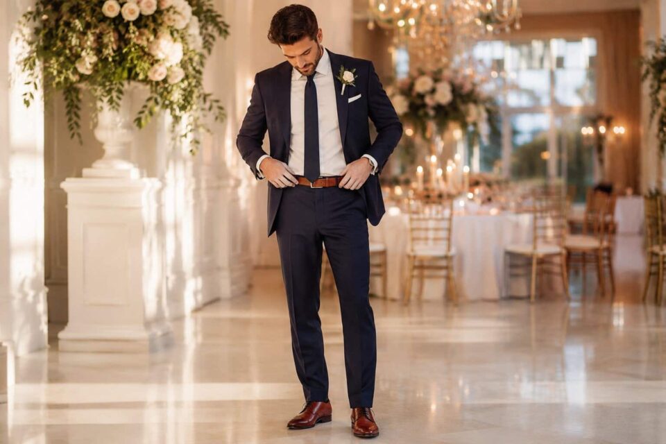 Homme en costume bleu marine ajustant sa ceinture marron pour un mariage, illustrant si faut-il assortir sa ceinture à ses chaussures pour un mariage.